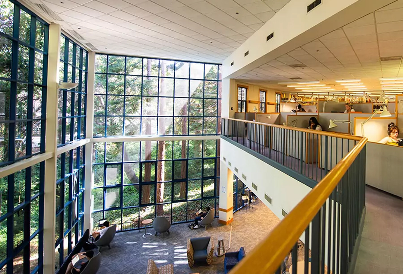 A spacious library interior with large floor-to-ceiling windows overlooking trees. People are studying at desks on the upper level, and there are chairs and tables in a lounge area on the lower level.