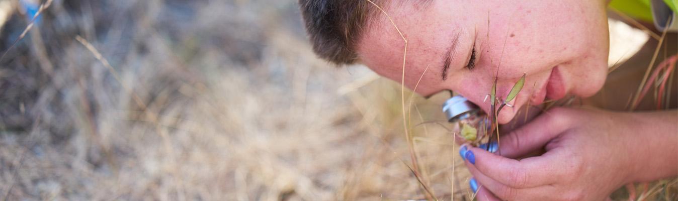 Student closely examines grass with magnifier